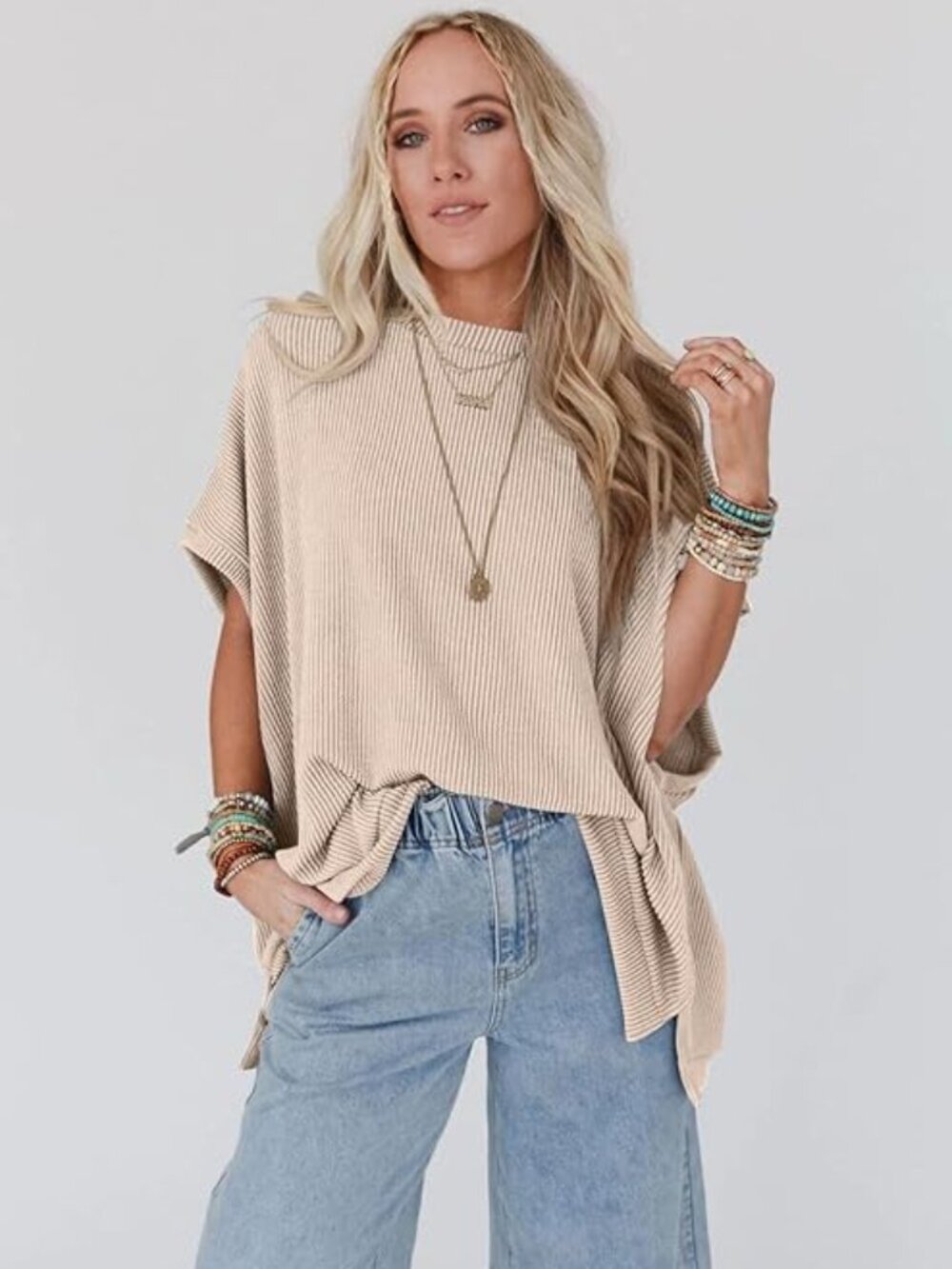 Beige Ribbed Oversized Boxy Top | Medium